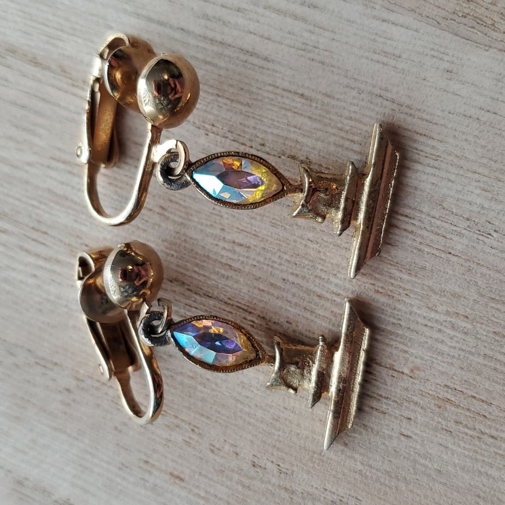 Vintage gold tone Aurora Borealis rhinestone candle earrings clip ons